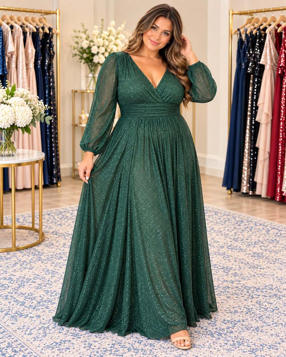 Emerald Green Glitter Long Sleeve Formal Evening Maxi Gown Size 14
